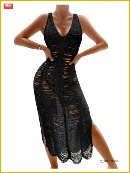 Women's Crochet Hollow Out Swimsuit Cover Up Deep V Neck Sleeveless Beach Midi