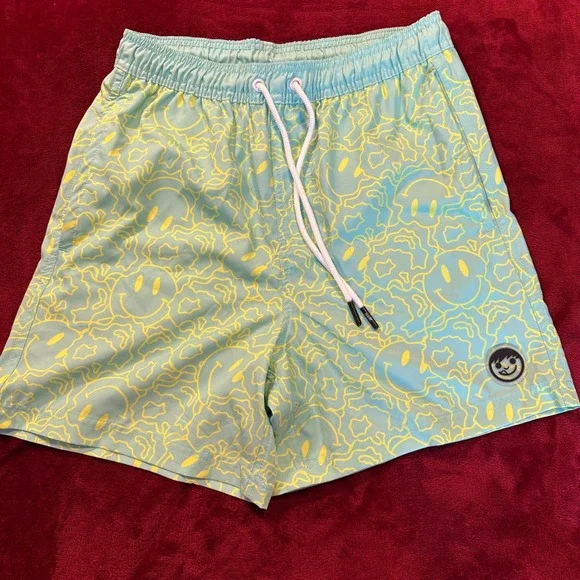 Neff Mens Swim Trunks Medium Blue‎ Yellow Smiley Face Print Drawstring Shorts