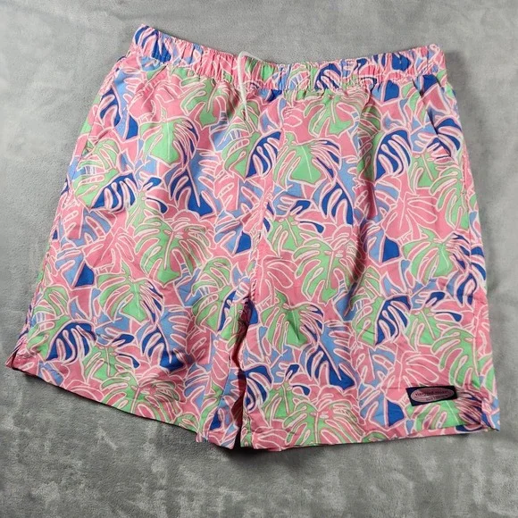 Vineyard Vines Men L Swim Trunks Chappy Blue Tropical Leaf Palm Beach Pool Short
