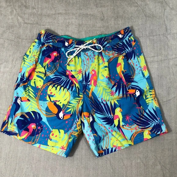 No Boundaries Swim Trunks Men's M 32-34 Blue Tropical Toucan Parrot Print Shorts