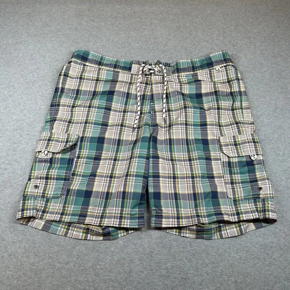 Lands End Swim Trunks Mens L Green Plaid Cargo Pockets Lined 8.5 in Inseam Board