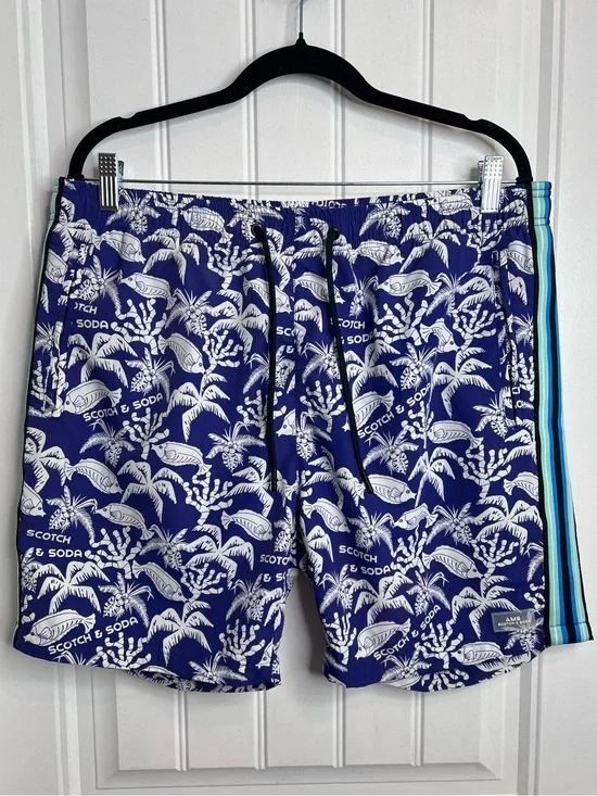 Scotch & Soda Royal Blue Tropical Swim‎ Trunks with Side Stripes. Size XL.