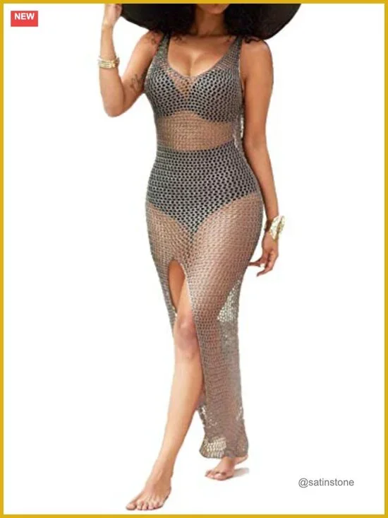 Scoop Neck Crochet Swim Cover Up Beach Dress Split Bathing Suit Coverup Sexy