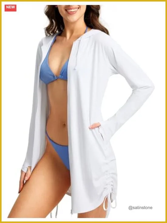 UPF 50+ Long Sleeve Swim Cover Up Cardigan with Hood and Pockets
