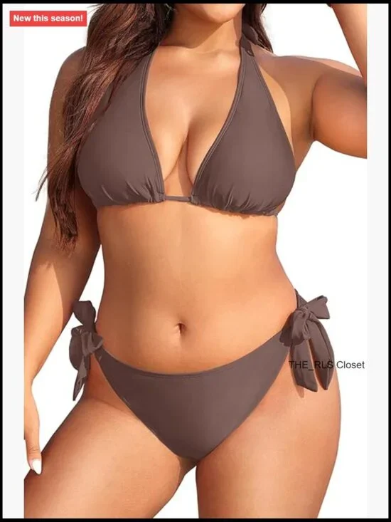Plus Size Triangle Bikini Set Halter Tie Side Swimsuit