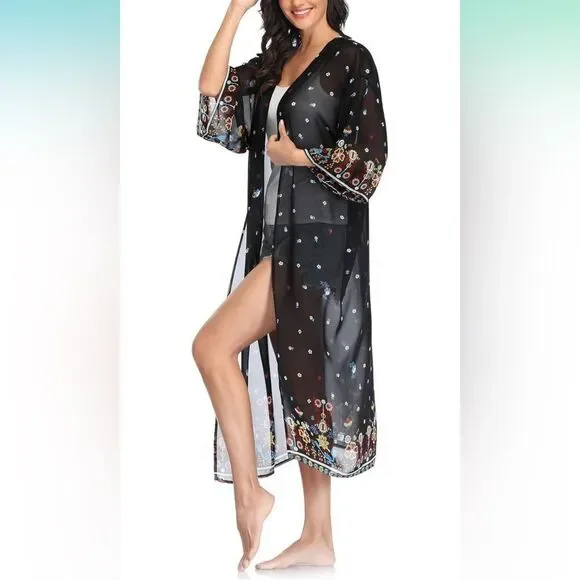 Floral Sheer Black Kimono Robe