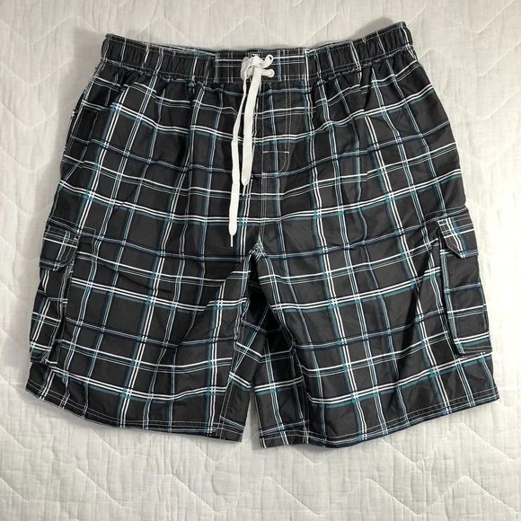 Kanu Surf Board Shorts Men's Plus 3X Gray Blue White Plaid Cargo Swim Trunks NWT