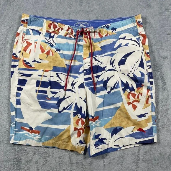 Tommy Bahama‎ Swim Trunks Mens L Blue White Tropical Beach Print Board Shorts