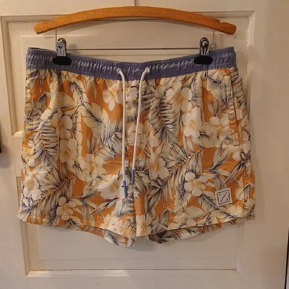 American Eagle Outfitters Tropical Floral Swim Trunks - Orange and White