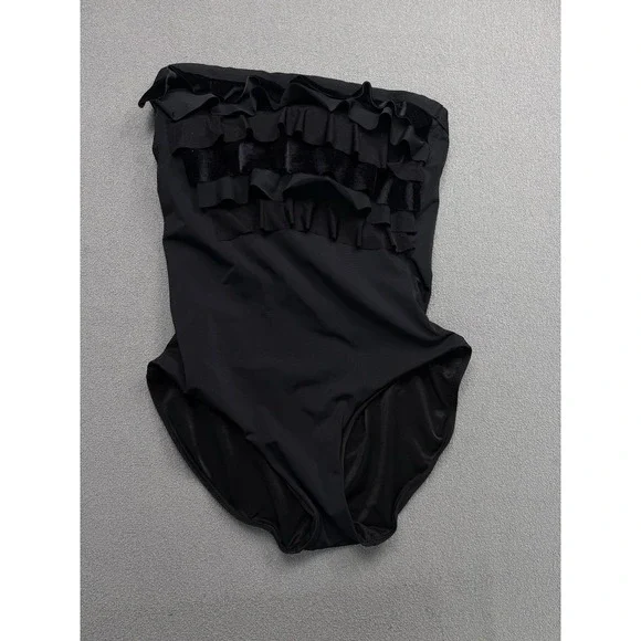 Spanx Size 8 One-piece Swimsuit Black Ruffle Strapless