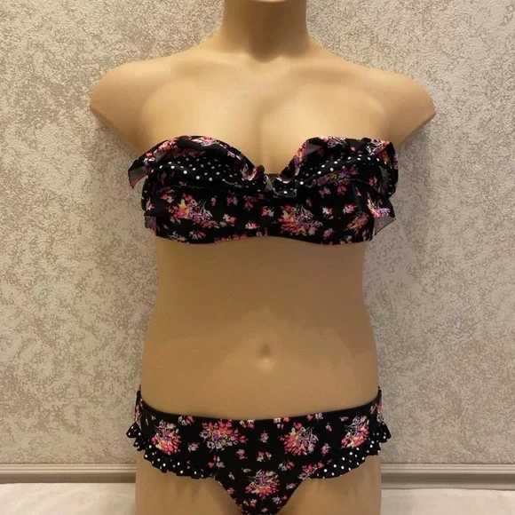 Victoria's Secret Black and Pink Floral Polka Dot Ruffle Bikini