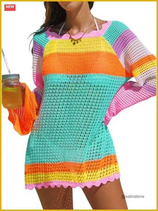 Crochet Swimsuit Cover Up Color Block Bathing Suit Coverup