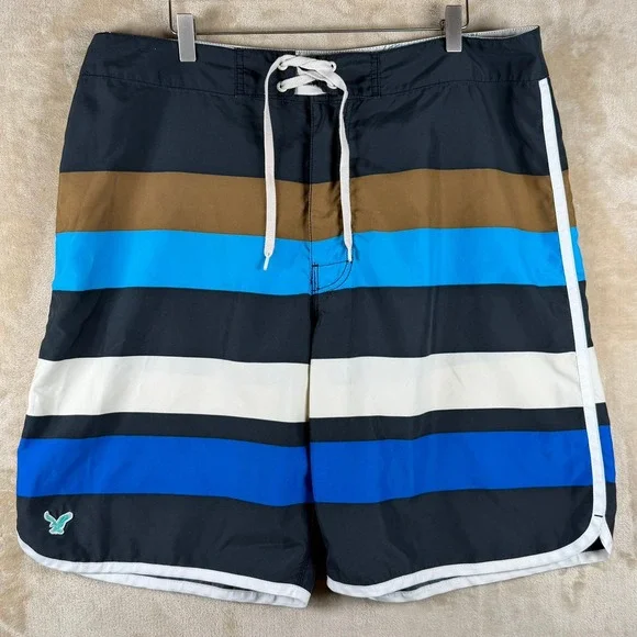 American Eagle Men‎ 38 Striped Board Shorts Colorblock Blk Blue Brown White Swim