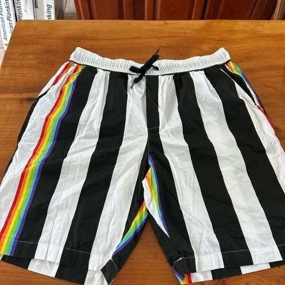 Eighty Eight Men's Striped Board Shorts. Black/White/Rainbow. Size‎ Large.