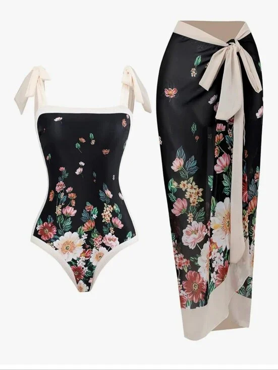 Black Floral One-Piece Swimsuit with Matching Sarong In Large NWOT