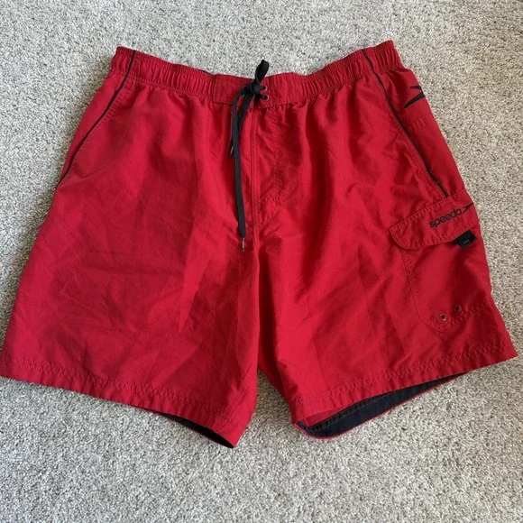 Speedo Swim Shorts Mens XL Red Mesh Lined Cargo Pocket Quick Dry Trunks Beach