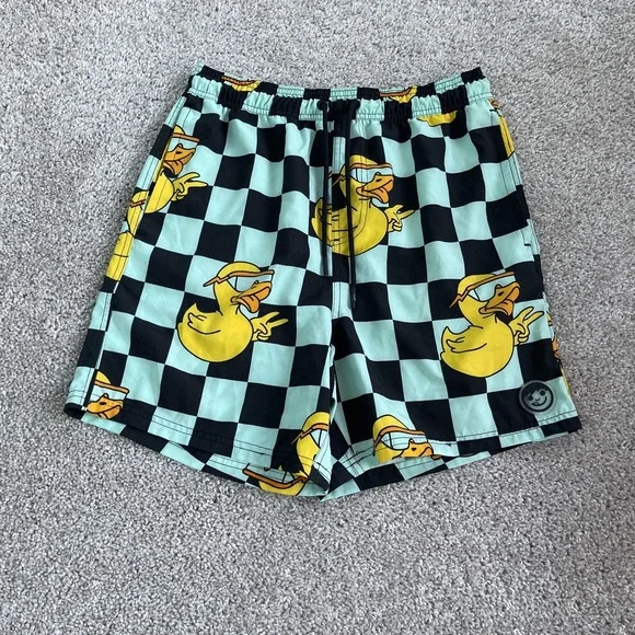 Neff Swim Shorts Mens Large Multicolor Duck Checkered Stretch Trunks Beach