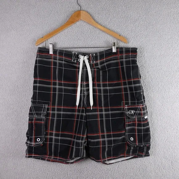 Ocean Pacific OP‎ Mens Plaid Cargo Board Shorts Black Red White Size L 36-38