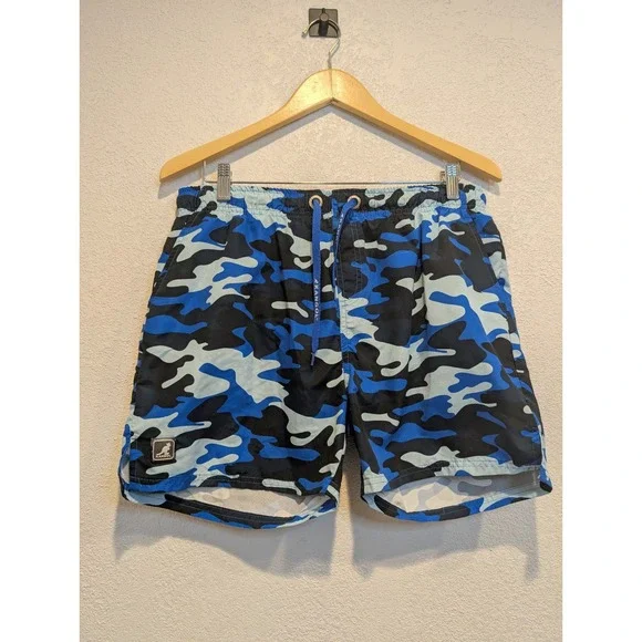 Kangol Swim Trunks Camo Print Drawstring Swim Shorts Blue Black Size‎ M 0219