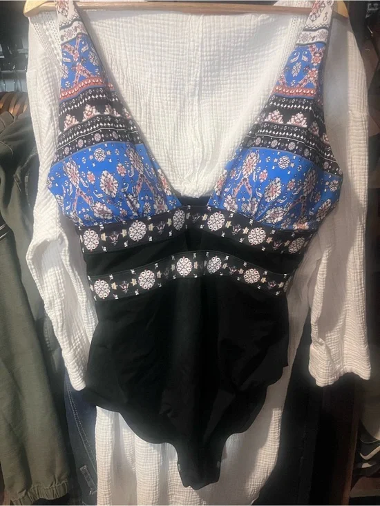Blue & Black Patterned V-Neck Women’s one piece