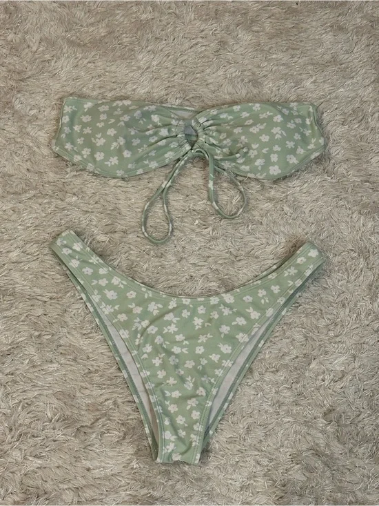 Green Floral Strapless Bikini Set - Medium