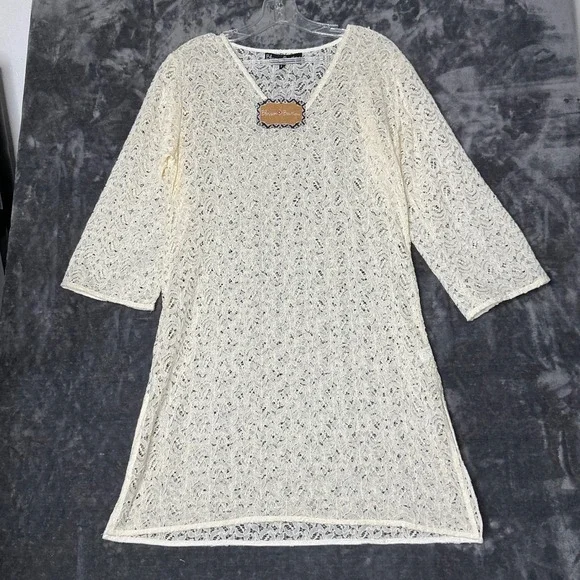 Blossom Boutique Ivory Floral Lace V-Neck Cover-Up Dress 3/4 Sleeve Cream Large