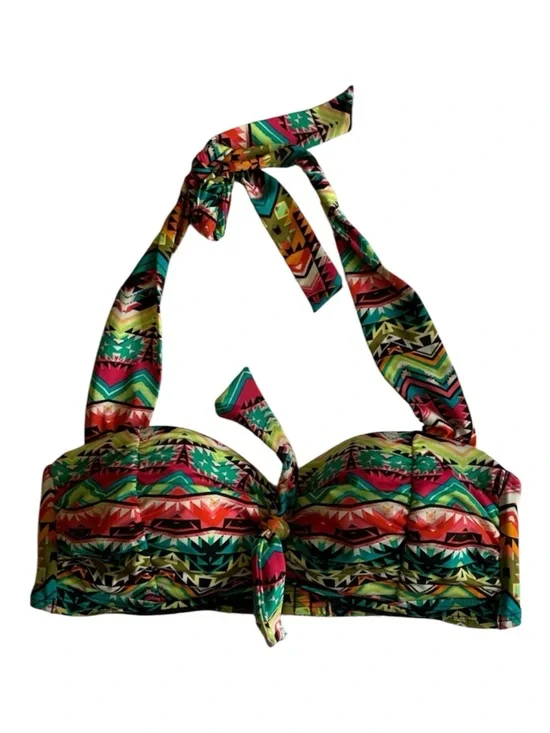 Janzteen Tulum Vibrant Aztec Multicolored Tie Front Halter Bikini Top size 8