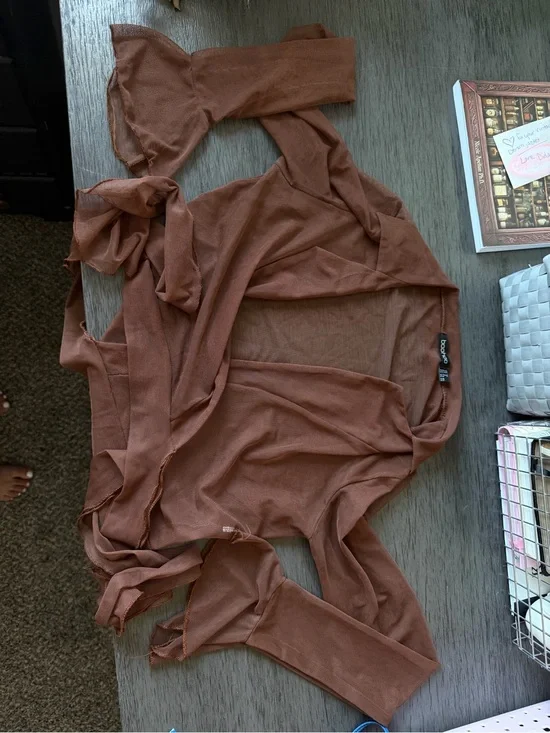 Boohoo Sheer Mesh Cardigan in Rust