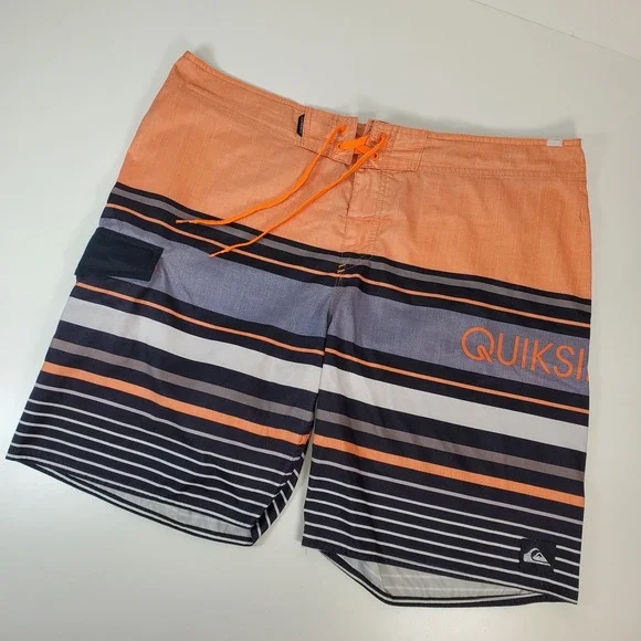 Quiksilver BoardShort Mens 40‎ Swim Striped Black Hook & Loop Pocket Grey Orange