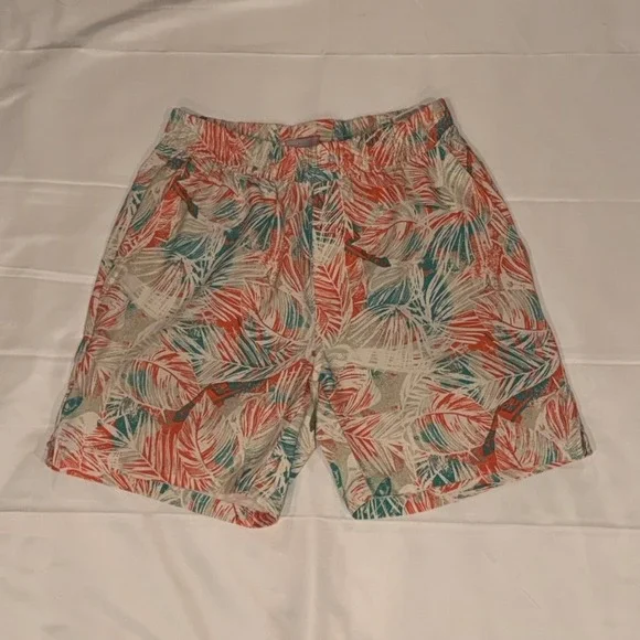 Columbia PFG Shorts Mens Small Coral Teal Tropical Palm Print Mesh Lined Fishing