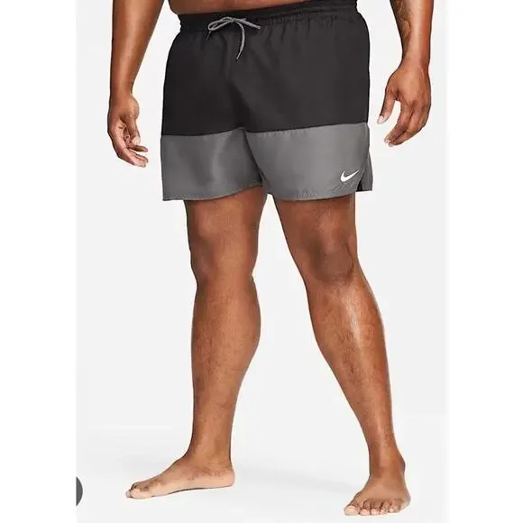 Nike Mens Swim Trunks Black Grey Colorblock‎ Board Shorts Swoosh NESSA560