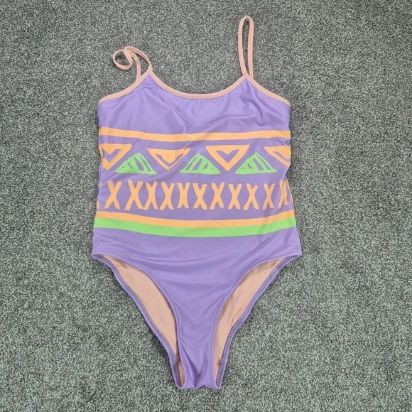 Chubbies Swimsuit Womens Medium Purple Geometric Retro One Piece Swimwear