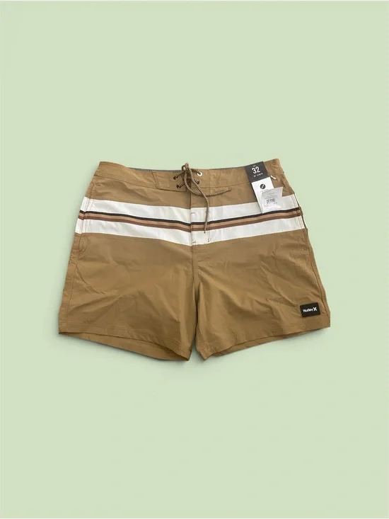 Hurley Men's Khaki Swim Shorts with White and Brown Stripes