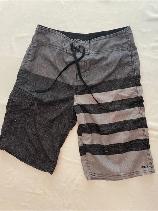 O’Neill Men's Black and Gray Striped Swim Board Shorts