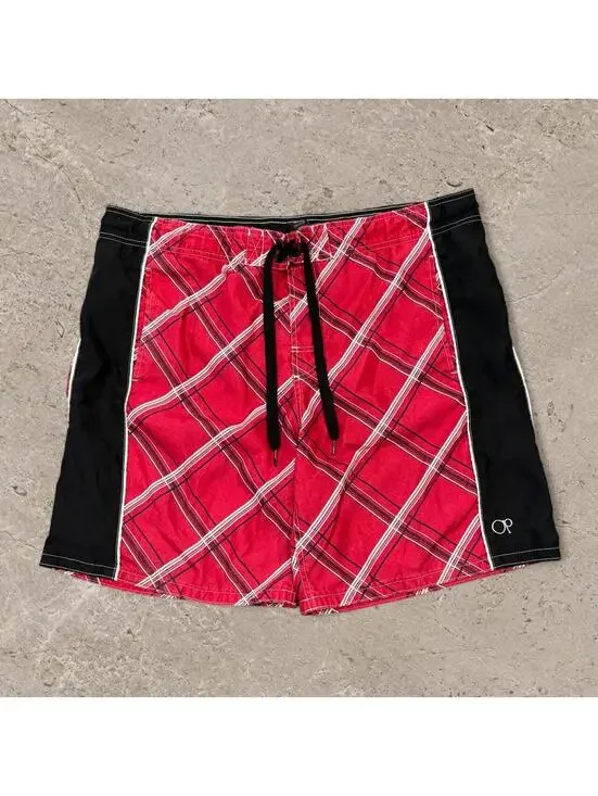 Fire vintage Ocean Pacific Y2K red plaid with white striped swim trunks