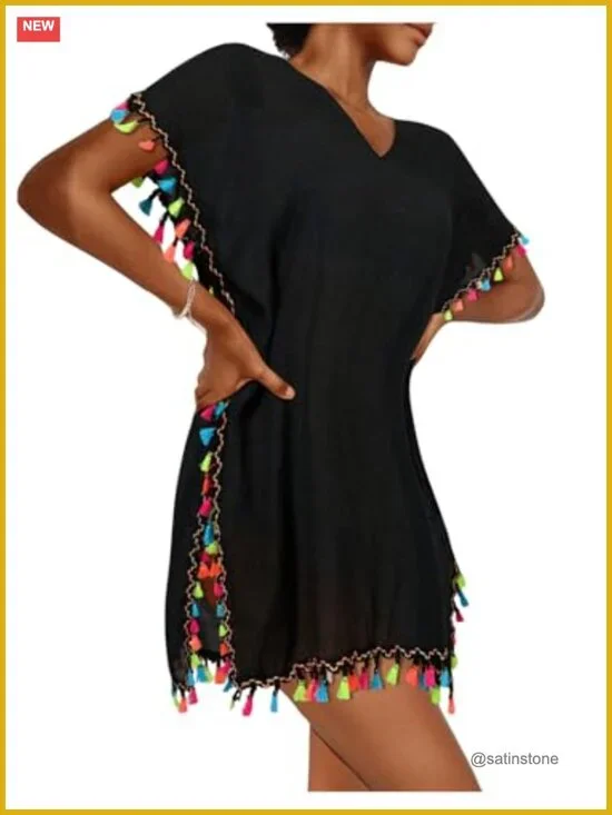 Tassel Short Sleeve Beach Swimsuit Cover Up Loose Fit Split Hem