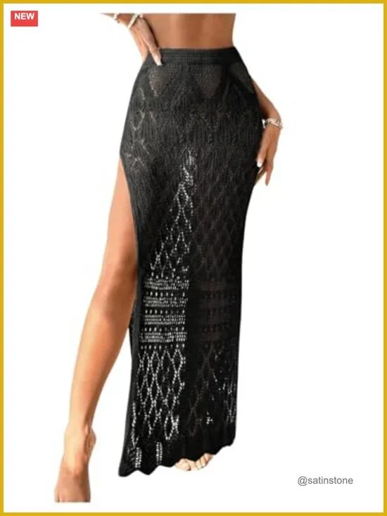 Crochet Swim Cover Up High Slit Sheer Maxi Beach Skirt