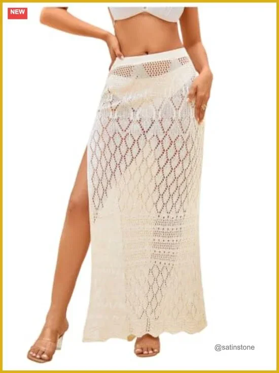 Crochet Swim Cover Up High Slit Sheer Maxi Beach Skirt