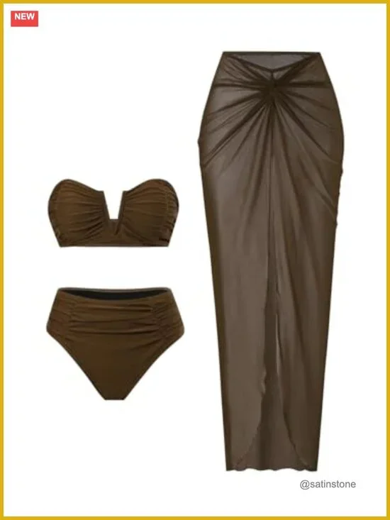 3 Piece Bandeau Bikini Set V Wired High Waisted Sheer Cover Up Skirt Bathing