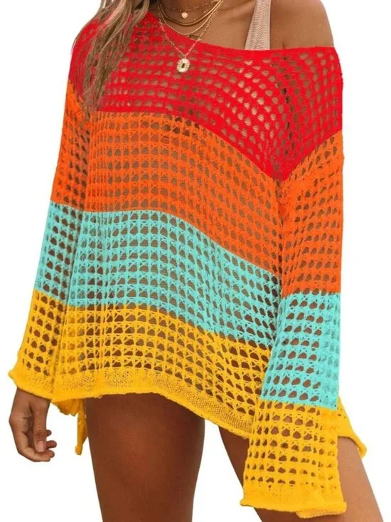 Women's Multicolor Hollow Out Knit Crochet Imported Polyester Swim Cover Up