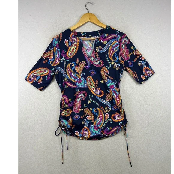 Boho Beach‎ Lands' End Womens S Navy Blue Paisley Ruched Side Tie Swim Tee Shirt
