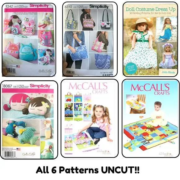 UNCUT Sewing Pattern Lot –Simplicity & McCalls Kids Crafts, Plush & Doll Clothes