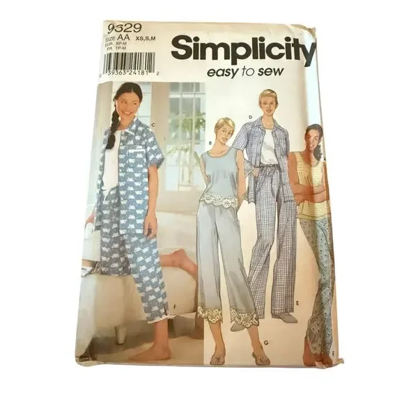 Simplicity‎ 9329 Easy to Sew Pajamas Set XS S M Tank Short or Long Sleeve Pants