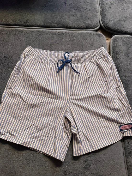 Vineyard Vines Navy White yellow Striped Swim Trunks L