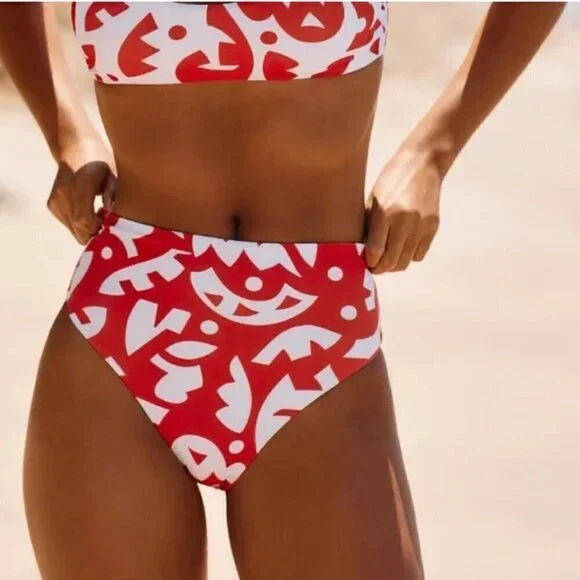 NWOT The Odells Anthropologie Jennifer Reversible Red Geometric Bikini Bottoms M