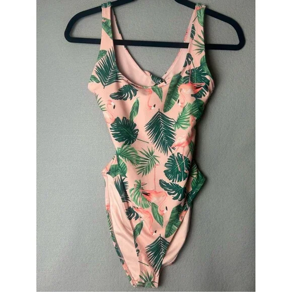 Old Navy Pink Tropical‎ Leaf & Flamingo One-Piece Twist Back Swimsuit XS