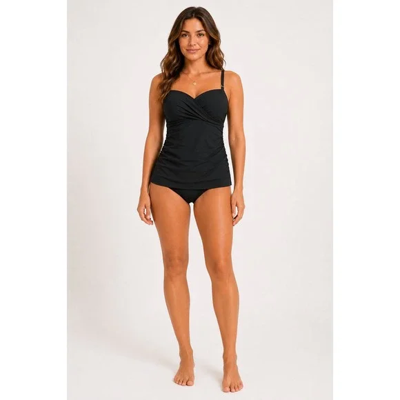 APT.9 Tankini Swim Top Womens L Black Underwire Ruched Tummy Control Adjustable