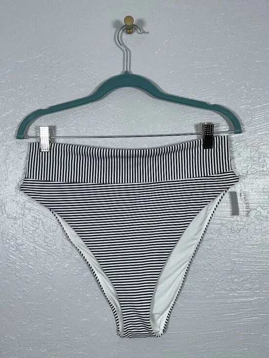 Aerie Women XL Black White Stripe High Cut Cheeky Bikini Bottoms Swim Summer