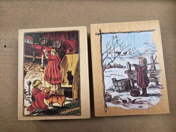 Tasha Tudor Rubber Wooden Block Rubber Ink Stamp Christmas Holiday Winter Set