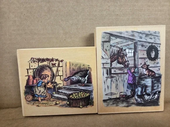 Tasha Tudor Rubber Wooden Block Rubber Ink Stamp Christmas Holiday Winter Set